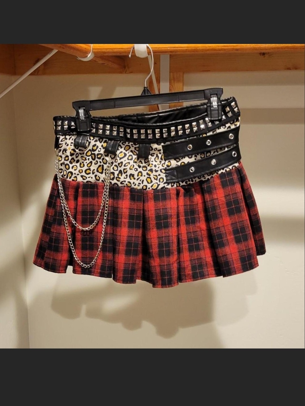 Red Plaid Punk Mini Skirt with Leopard Panel and Chains